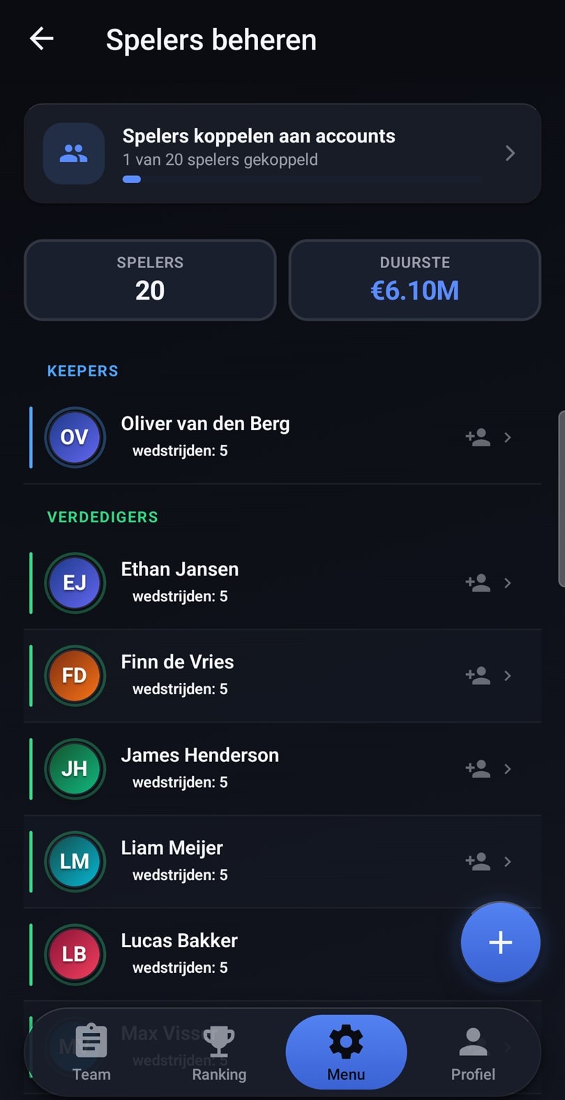 Spelers beheren in de app